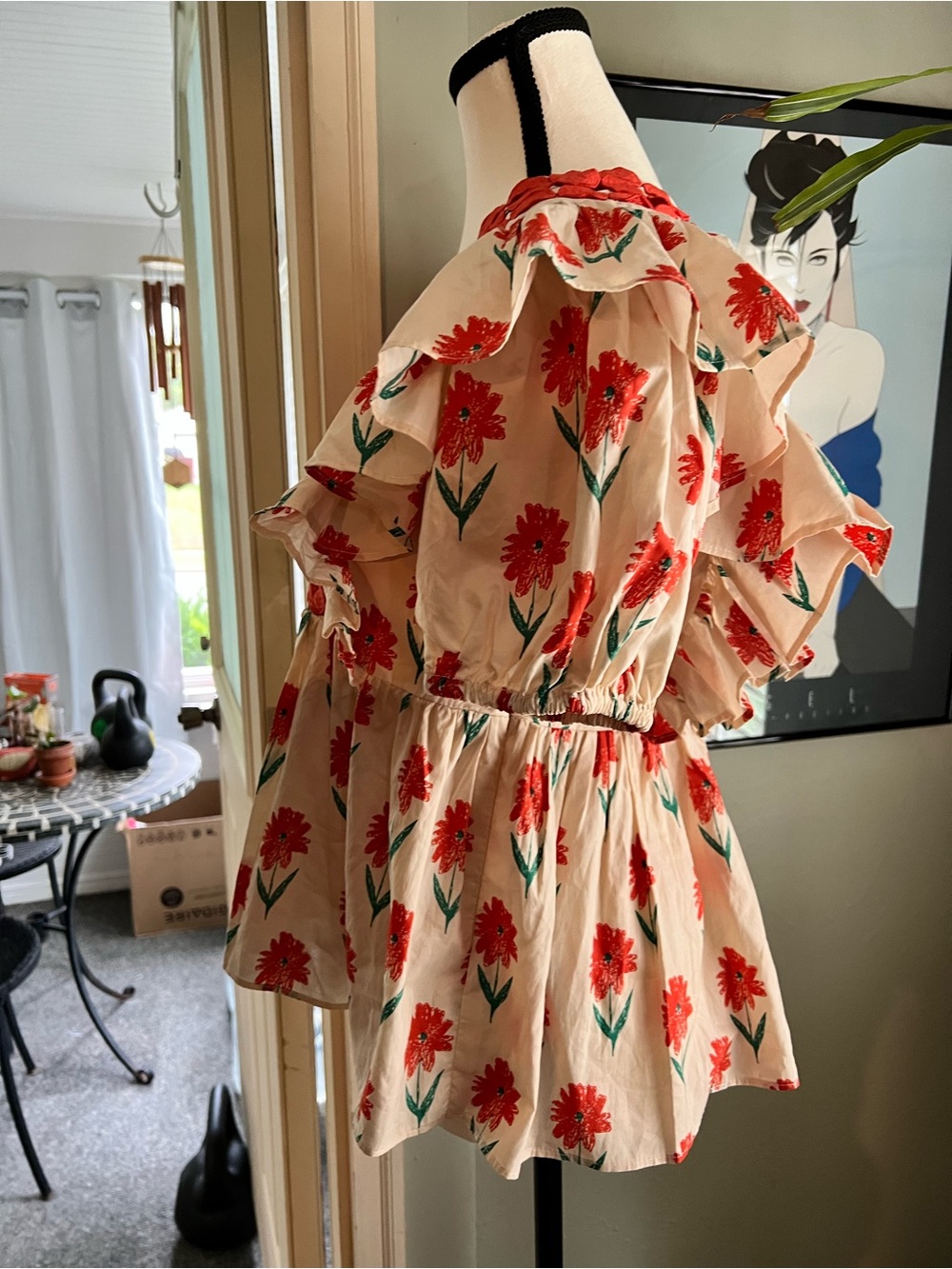 Entro floral ruffle puff sleeve peplum blouse with v neckline and polka dot trim - Picture 2 of 11